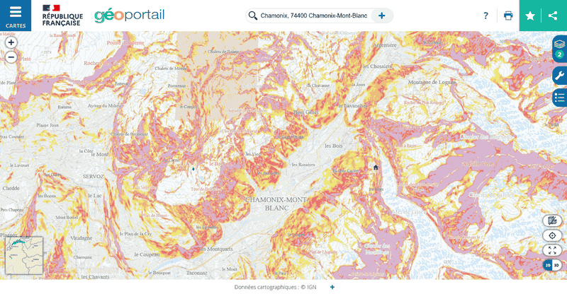 Carte des pentes Chamonix Géoportail